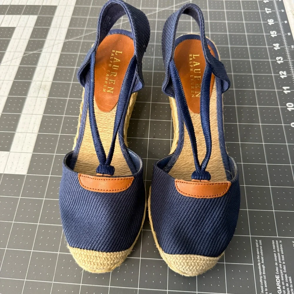 Lauren Ralph Lauren Cala Navy Coastal Preppy Espadrille Wedge Sandals Womens 7B